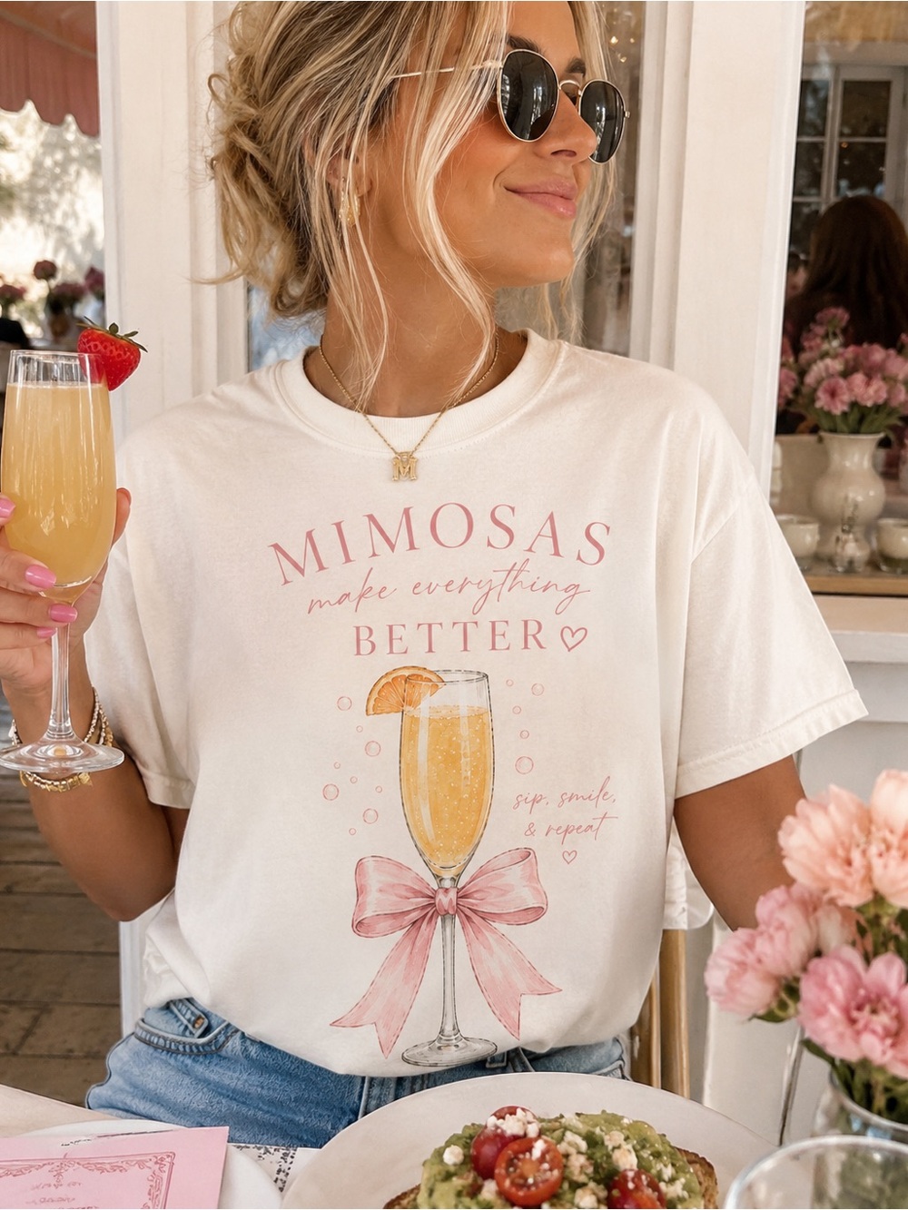 Mimosas Make Everything Better Graphic Tee - Cream with Pink Accent S-5x
